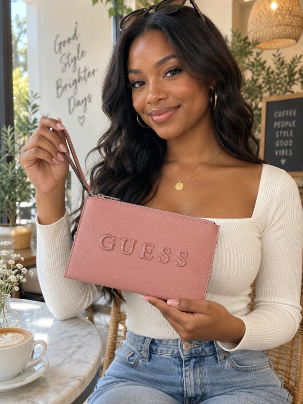 NWT GUESS Dusty Rose Pink Embossed Logo Wristlet Clutch